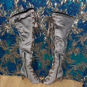 Gray Velvet Thigh High Laced Heeled Boots